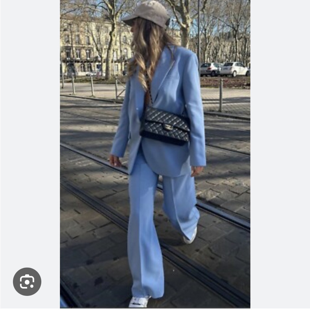 Zara 2 Piece Wide Leg Trousers with Darts Blazer Light Blue Pantsuit